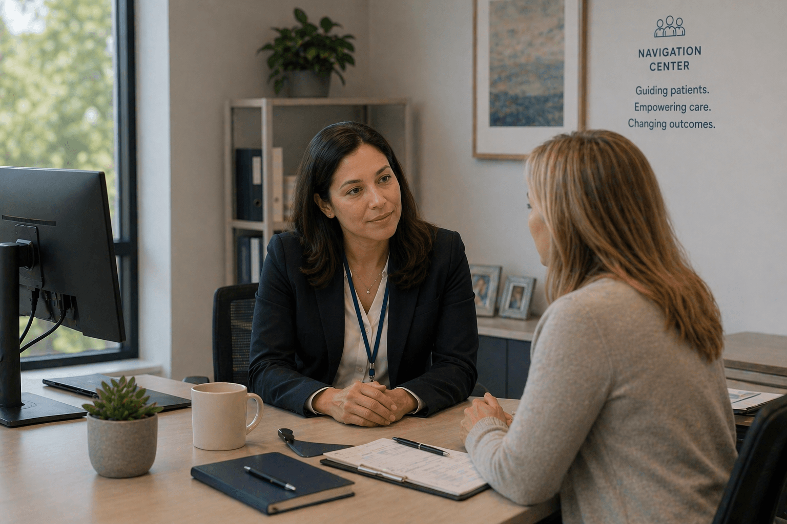 An Azra AI Cancer Navigation Center — a patient navigator at her desk in conversation with a patient, a 'NAVIGATION CENTER / Guiding patients. Empowering care. Changing outcomes.' placard on the wall behind. The orchestration layer the article describes, photographed.
