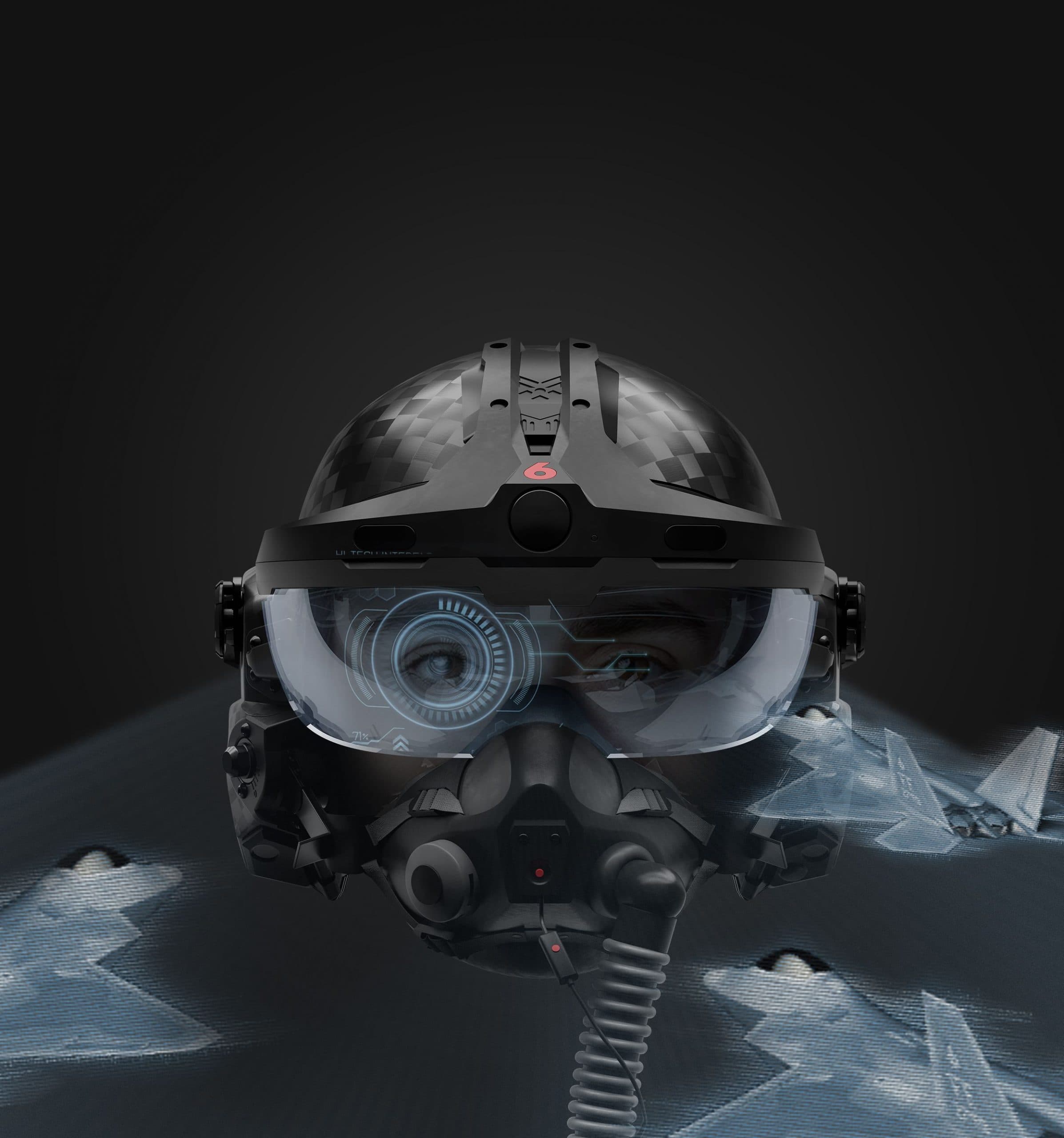 The Red 6 ATARS pilot helmet — a carbon-shell flight system with an integrated augmented-reality visor projecting a tactical reticle across the wearer's field of view, photographed against a dark plate with formation aircraft silhouettes.